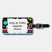 カラフルなネオンのストライプな水玉模様のピンクのティール（緑がかった色）のライム ラゲッジタグ (正面横)