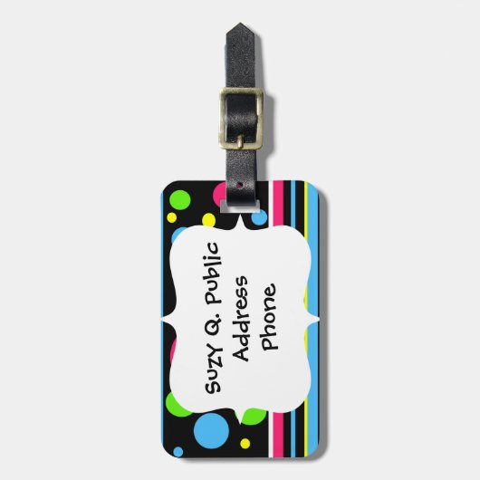 カラフルなネオンのストライプな水玉模様のピンクのティール（緑がかった色）のライム ラゲッジタグ (正面縦)