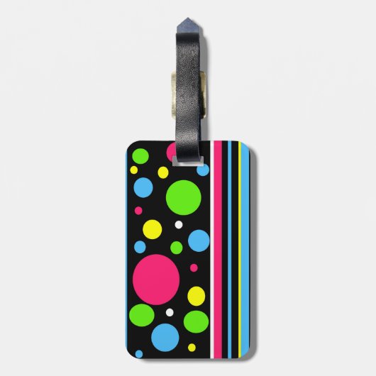 カラフルなネオンのストライプな水玉模様のピンクのティール（緑がかった色）のライム ラゲッジタグ (裏面縦)
