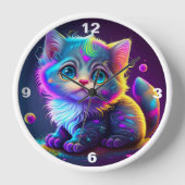 カラフルなネオン・ブルー・アイ・子猫時計 壁時計 (正面)
