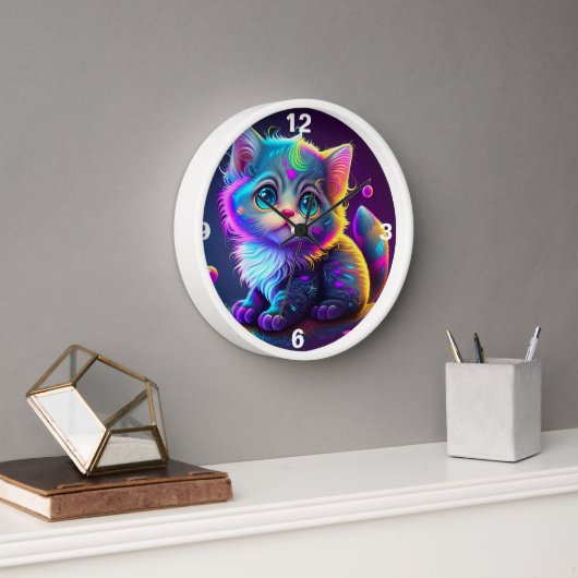 カラフルなネオン・ブルー・アイ・子猫時計 壁時計 (オフィス)