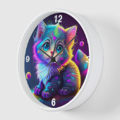 カラフルなネオン・ブルー・アイ・子猫時計 壁時計 (傾斜)