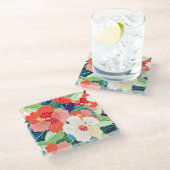 カラフルなハイビスカスパターン ガラスコースター (アングル)