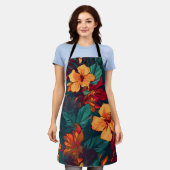 カラフルなハイビスカス、イエローグリーンの花柄、ガーデニング エプロン (着用した状態)