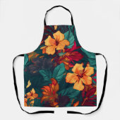 カラフルなハイビスカス、イエローグリーンの花柄、ガーデニング エプロン (正面)