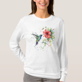 カラフルなハチドリの水彩花柄自然アート Tシャツ