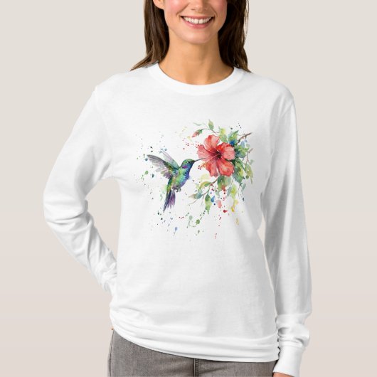 カラフルなハチドリの水彩花柄自然アート Tシャツ (正面)