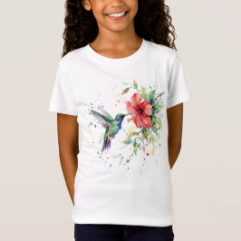 カラフルなハチドリの水彩花柄自然アート Tシャツ
