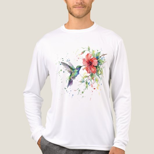 カラフルなハチドリの水彩花柄自然芸術 トライブレンドＴシャツ (正面)