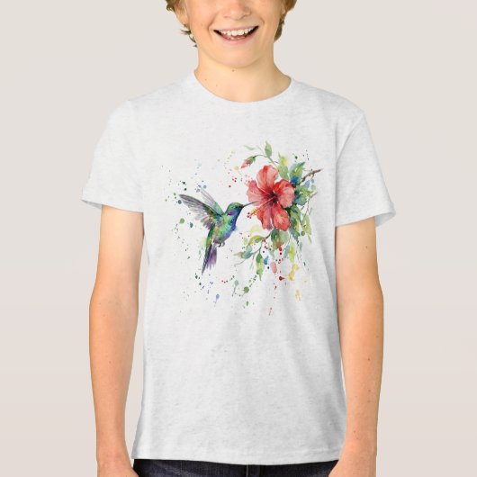 カラフルなハチドリの水彩花柄自然芸術 トライブレンドTシャツ (正面)