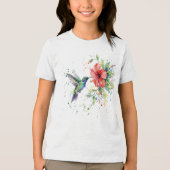 カラフルなハチドリの水彩花柄自然芸術 トライブレンドTシャツ (正面)