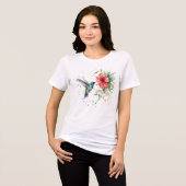 カラフルなハチドリの水彩花柄自然芸術 トライブレンドＴシャツ (正面全面)
