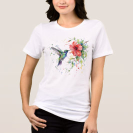 カラフルなハチドリの水彩花柄自然芸術 トライブレンドTシャツ