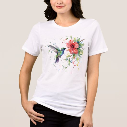 カラフルなハチドリの水彩花柄自然芸術 トライブレンドＴシャツ (正面)