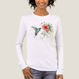 カラフルなハチドリの水彩花柄自然芸術 トライブレンドTシャツ