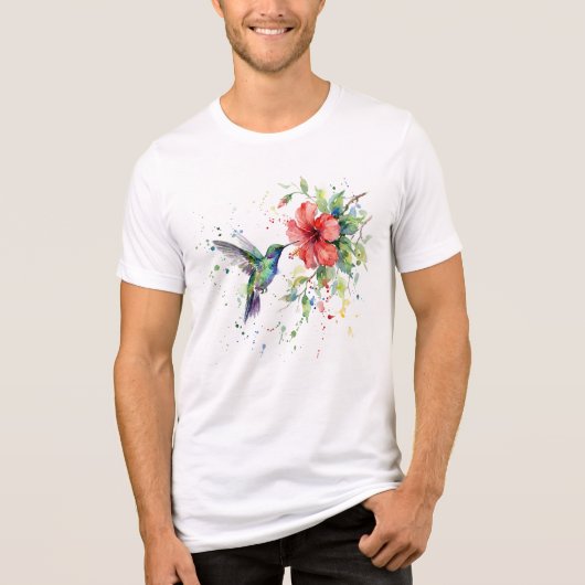 カラフルなハチドリの水彩花柄自然芸術 トライブレンドTシャツ (正面)