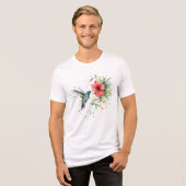 カラフルなハチドリの水彩花柄自然芸術 トライブレンドTシャツ (正面全面)
