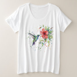 カラフルなハチドリの水彩花柄自然芸術 プラスサイズTシャツ