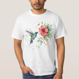カラフルなハチドリの水彩花柄自然芸術 Tシャツ