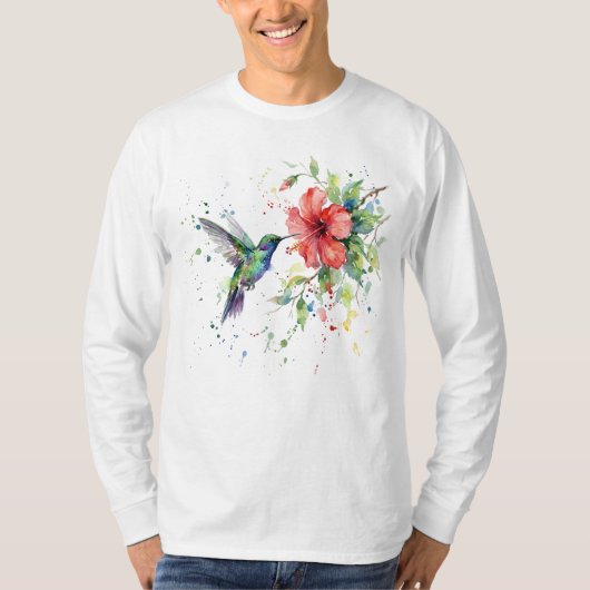 カラフルなハチドリの水彩花柄自然芸術 Tシャツ (正面)