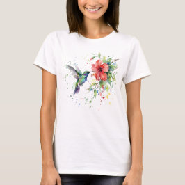 カラフルなハチドリの水彩花柄自然芸術 Tシャツ