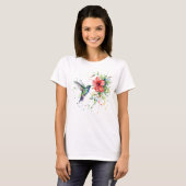 カラフルなハチドリの水彩花柄自然芸術 Tシャツ (正面フル)