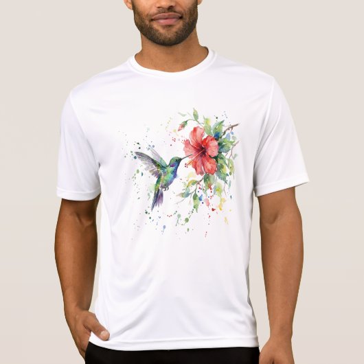 カラフルなハチドリの水彩花柄自然芸術 Tシャツ (正面)