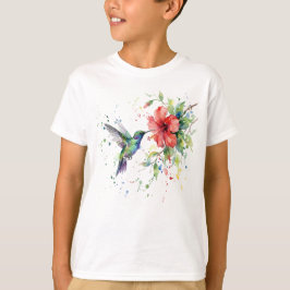 カラフルなハチドリの水彩花柄自然芸術 Tシャツ