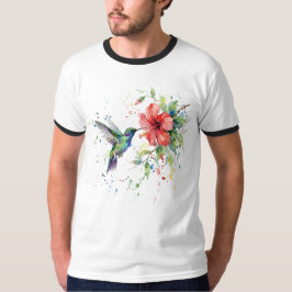 カラフルなハチドリの水彩花柄自然芸術 Tシャツ