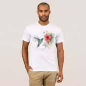 カラフルなハチドリの水彩花柄自然芸術 Tシャツ (正面フル)