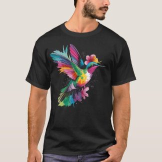 カラフルなハチドリの花のボタニカルアート Tシャツ