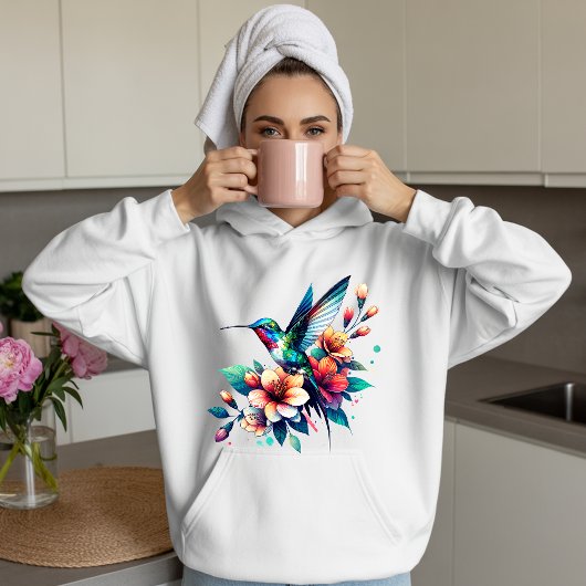 カラフルなハチドリの花柄 自然を描いたアートTシャツ