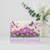 カラフルなハッピーイースター 紫の蝶々と卵 シーズンポストカード (スタンド正面)