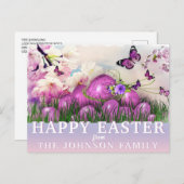 カラフルなハッピーイースター 紫の蝶々と卵 シーズンポストカード (正面/裏面)
