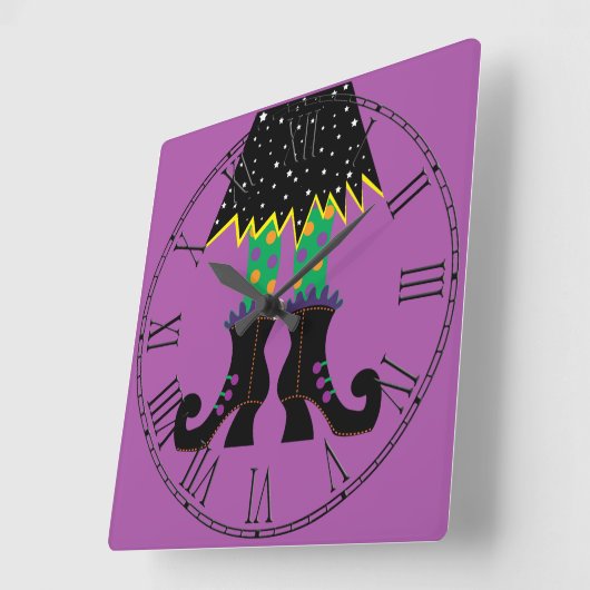 カラフルなハロウィンのおもしろいな魔法使いの足 スクエア壁時計 (傾斜)