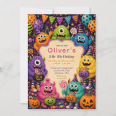 カラフルなハロウィンモンスターの誕生日 招待状 (正面)