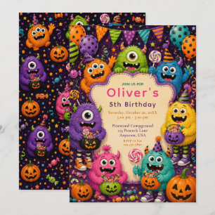 カラフルなハロウィンモンスターの誕生日 招待状