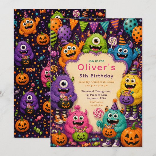 カラフルなハロウィンモンスターの誕生日 招待状 (正面/裏面)