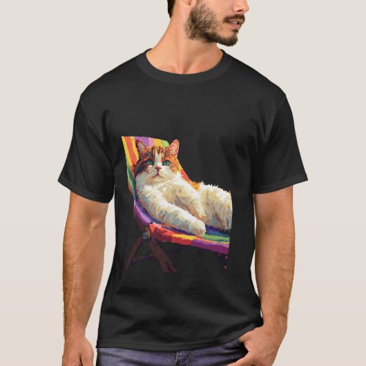 カラフルなハンモックでのんびりするネコ Tシャツ (正面)