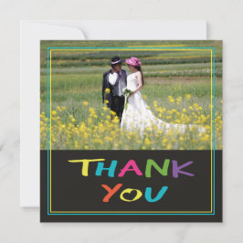 カラフルなハートの文字の結婚式フォト サンキューカード