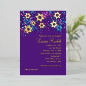 カラフルなバット・ミツバのゴールドスター・グリッタリー・コンフェッティ 箔招待状 (立ち正面)