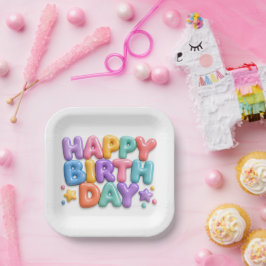 カラフルなバブルグラスデザインの誕生日おめでとう ペーパープレート