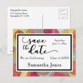 カラフルなバブルデザイン:卒業Save the Date ポストカード (正面/裏面)