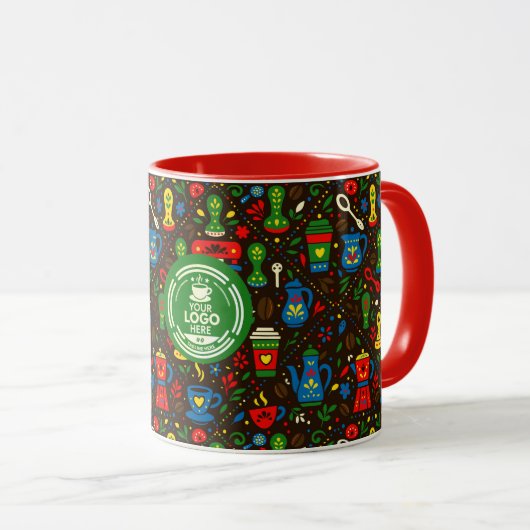 カラフルなバリスタ柄のフォークコーヒーロゴバッジ マグカップ (正面右)