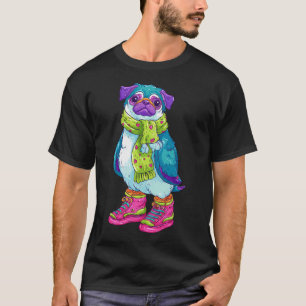 カラフルなパグペンギンの防寒着姿 Tシャツ