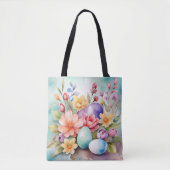 カラフルなパステルイースターの花と卵 トートバッグ (正面)