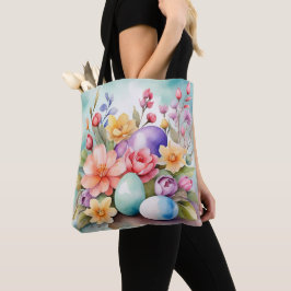 カラフルなパステルイースターの花と卵 トートバッグ