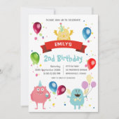 カラフルなパステルモンスター バッシュ 風船 子供の誕生日 招待状 (正面)