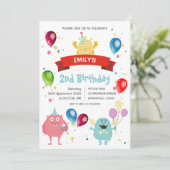 カラフルなパステルモンスター バッシュ 風船 子供の誕生日 招待状 (スタンド正面)