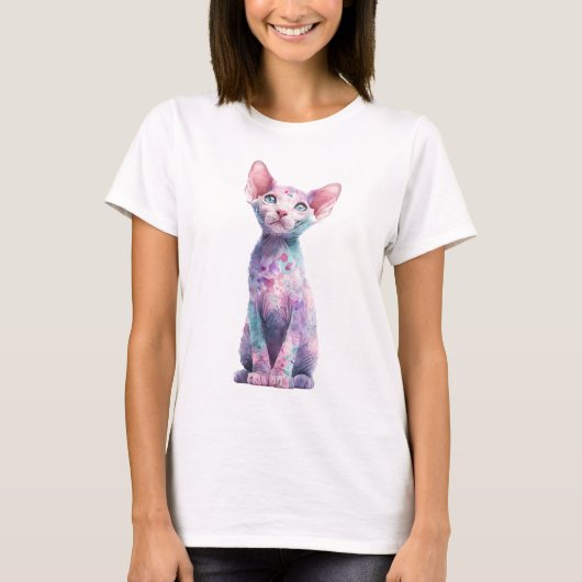 カラフルなパステル水彩のしぶきスフィンクス猫 メンズ Tシャツ (正面)